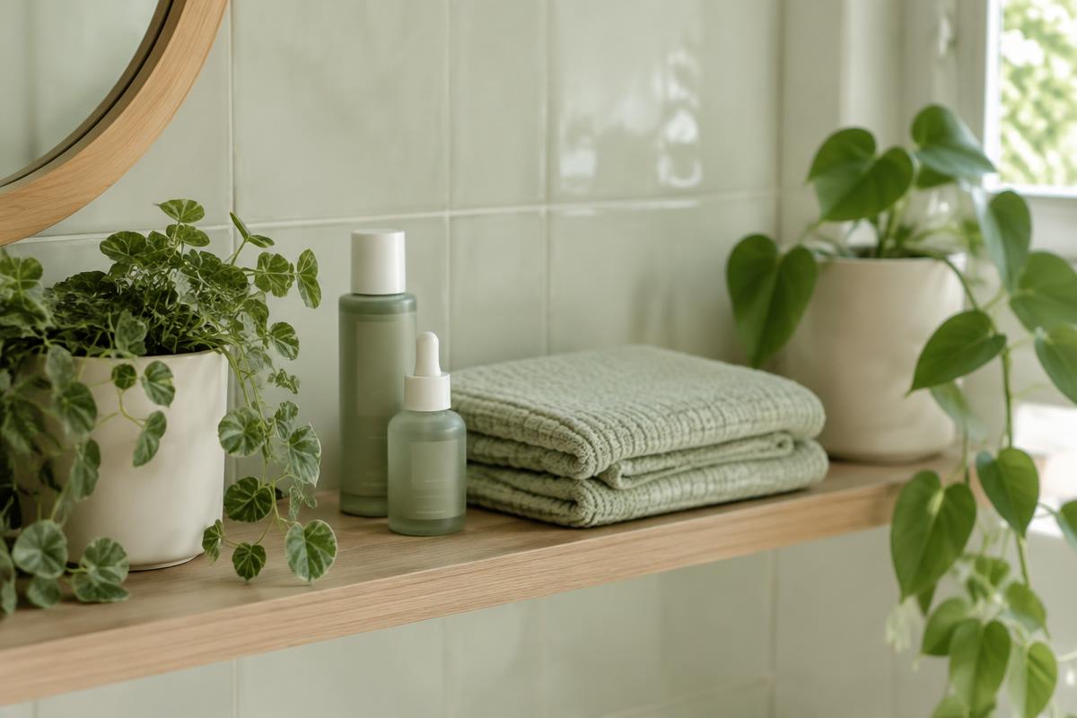 Tidy bathroom shelf with plants and towels