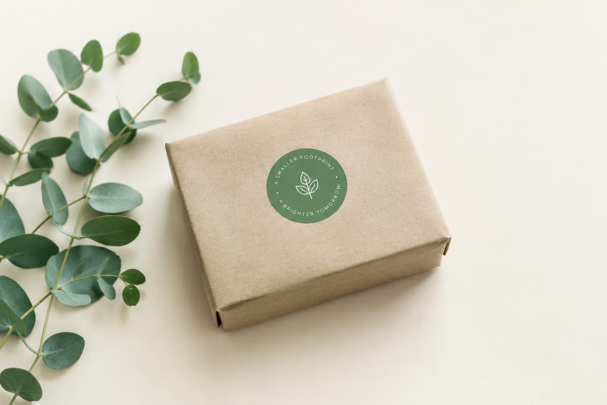 Plain kraft paper parcel beside eucalyptus