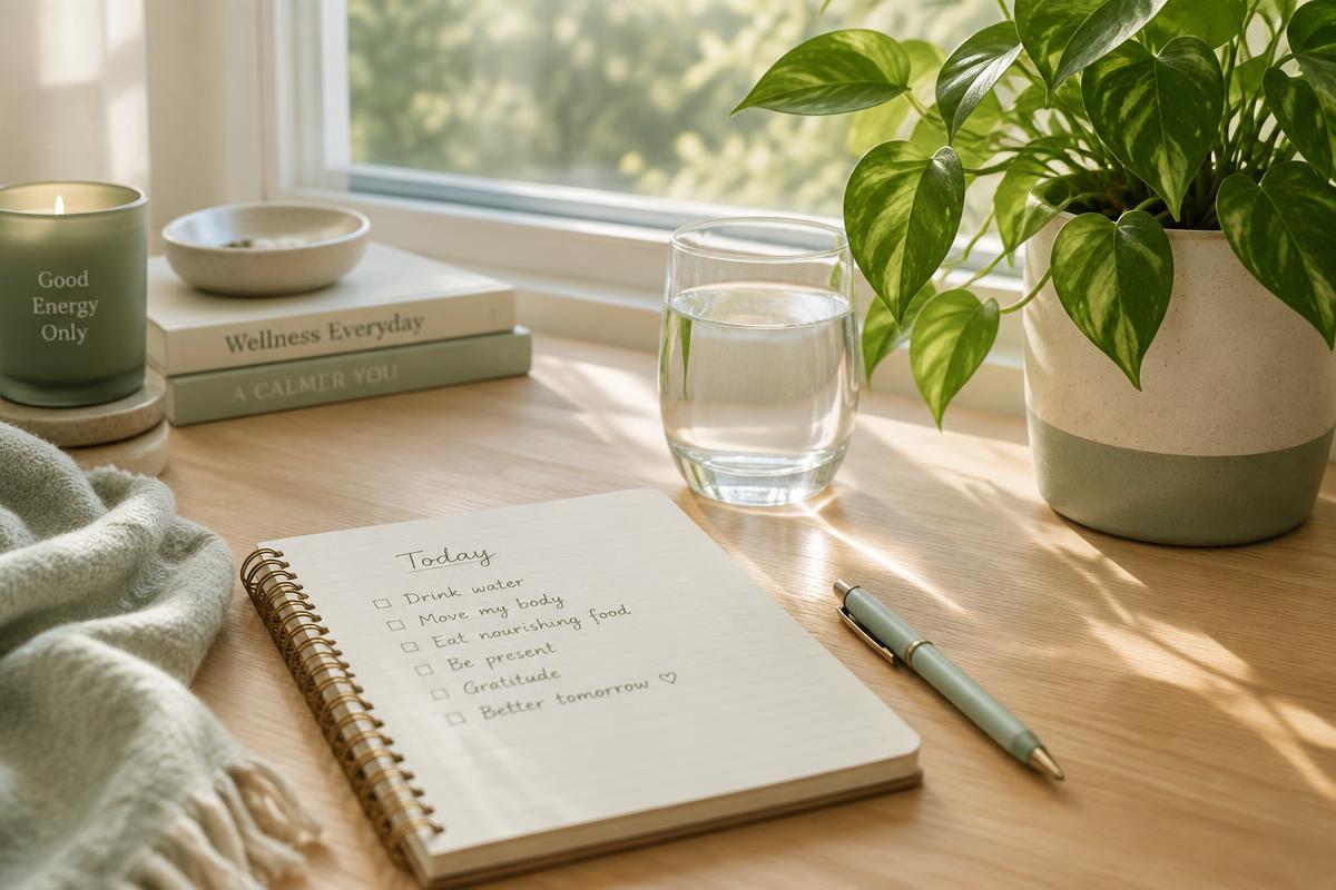 Notebook and glass of water on a sunny desk